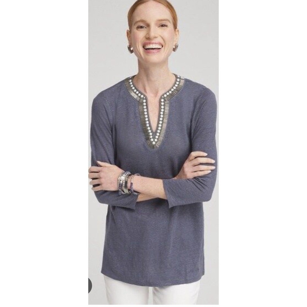 Chico's Embellished 100% Linen Tunic Top Coastal Resort Women's Size Medium